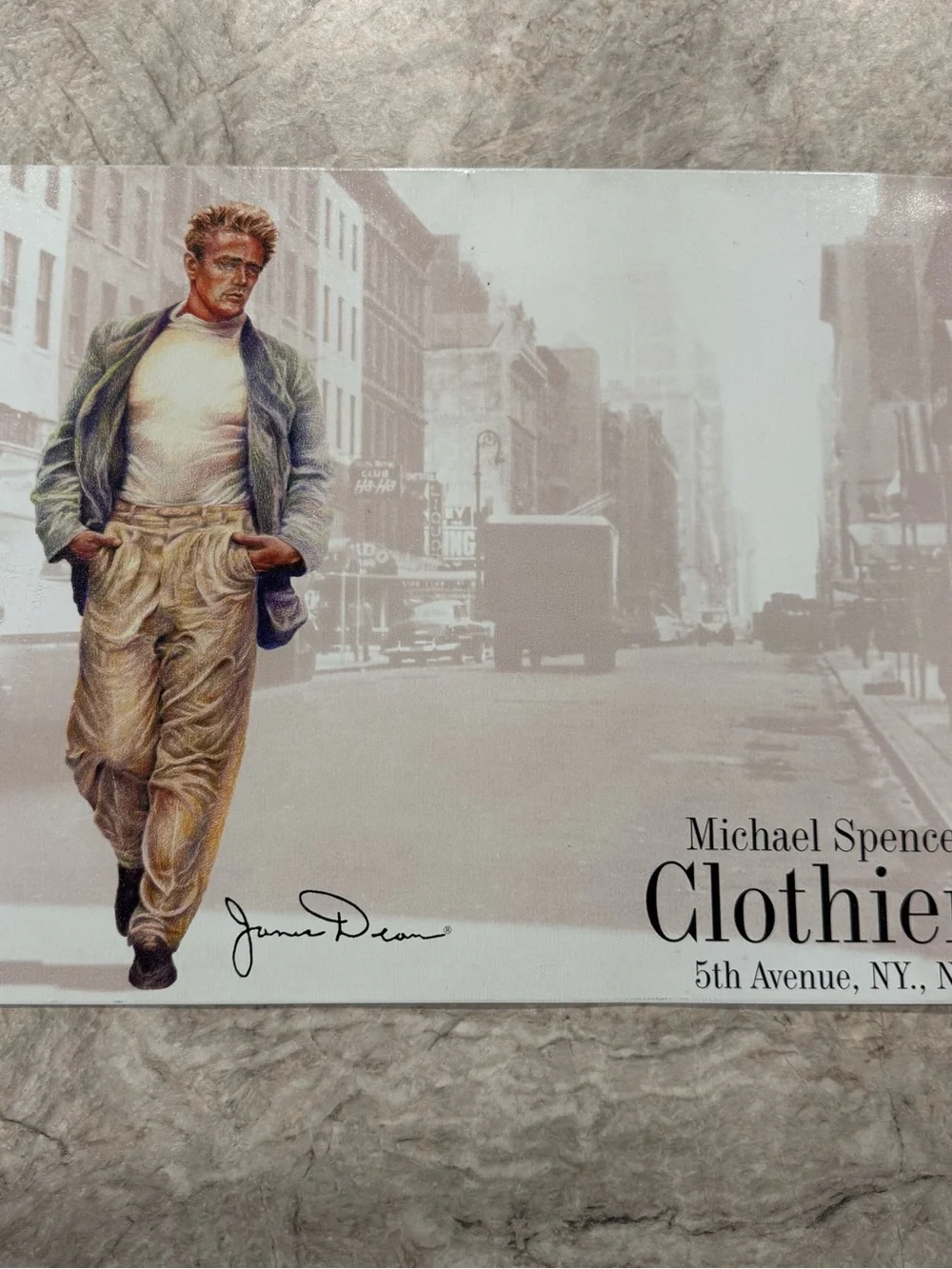 Vintage James Dean Metal Tin Sign 1982 Michael Spencer Clothiers NYC Art 16x12.5